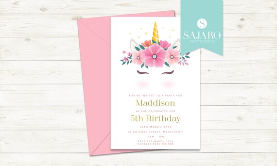 Unicorn with Flower Headpiece - Birthday invitation Il_570xn