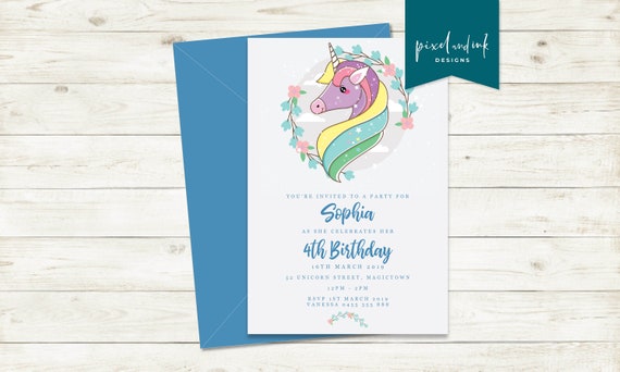 Unicorn with Flowers - Birthday invitation Il_570xn