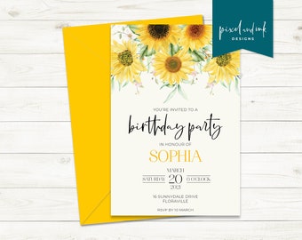 Sunflower Birthday invitation - Watercolour Sunflower design