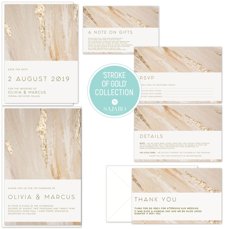 Wedding invitation wedding invitation set gold foil Stroke of Gold save the date Golden Painted Design