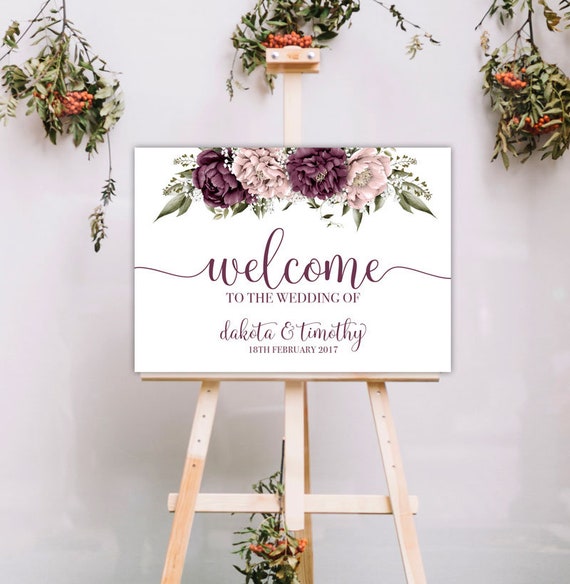 Blushing Marsala - Welcome Sign, Wedding, Event, Signage, peonie flowers Il_570xn