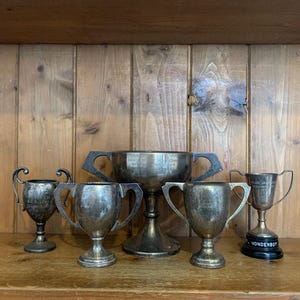 5 vintage trophies (38), silver plate trophies, trophy, trophies, sporting items, sports, cups, medals, trophy cups