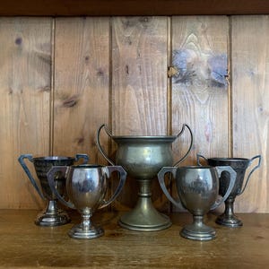 5 vintage trophies (19), silver plate trophies, trophy, trophies, sporting items, sports, cups, medals