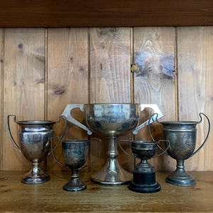 5 vintage trophies (139) silver plate trophies, small trophy, trophies, sporting items, sports, cups, medals, trophy cups