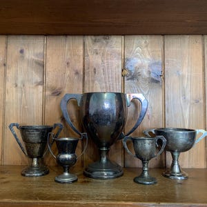 5 vintage trophies (23), silver plate trophies, trophy, trophies, sporting items, sports, cups, medals, trophy cups