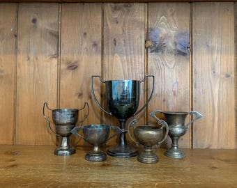 5 Vintage Trophäen (60) Silberblech Trophäen, Trophäe, Trophäen, Sportartikel, Sport, Pokale, Medaillen, Trophäenbecher