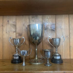 5 vintage silver plate trophies, trophy, trophies, sporting items, sports, cups, medals, trophy cups