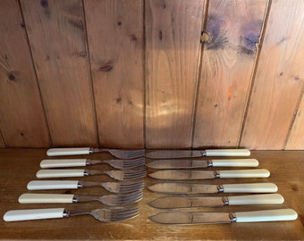 Vintage Chrome Cutlery Set: Faux Bone Handle Knives and Forks