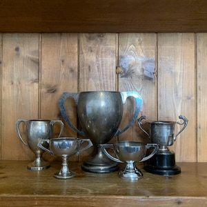 5 vintage trophies (77) silver plate trophies, trophy, trophies, sporting items, sports, cups, medals, trophy cups