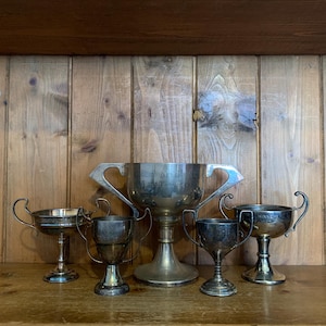 5 vintage trophies (25), silver plate trophies, trophy, trophies, sporting items, sports, cups, medals, trophy cups