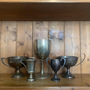 5 vintage trophies (74) silver plate trophies, trophy, trophies, sporting items, sports, cups, medals, trophy cups