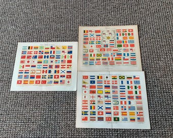 3 Antique Flag Prints: Vintage Book Plates (12x9.75)