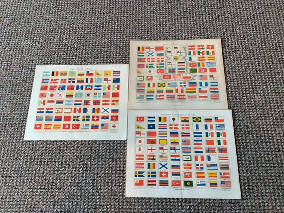 3 Antique Flag Prints: Vintage Book Plates (12x9.75)