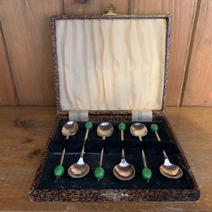 Poons, koffiebonenlepels set van 6 vintage groene koffiebonenlepels, koffielepels, lepels, vintage lepels