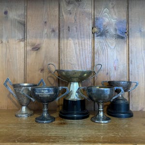 5 vintage trophies (55) silver plate trophies, trophy, trophies, sporting items, sports, cups, medals, trophy cups