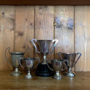 5 vintage trophies (7),  silver plate trophies, trophy, trophies, sporting items, sports, cups, medals