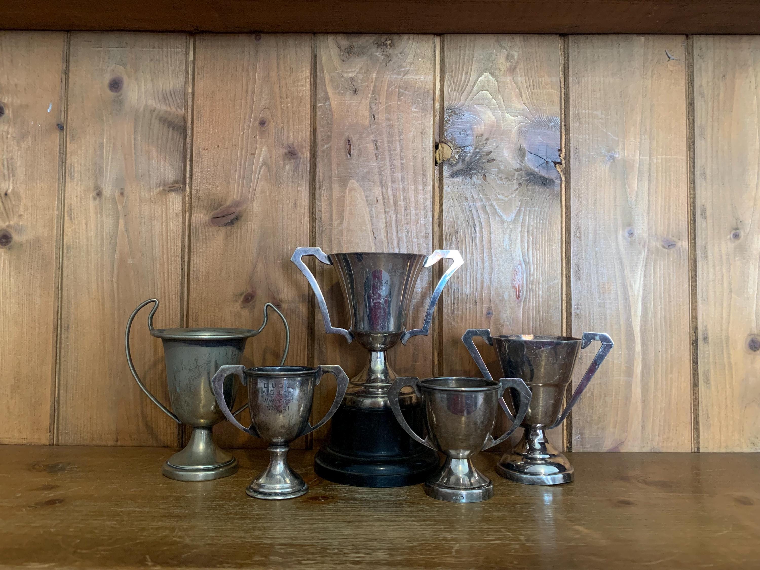 5 Vintage Trophäen (7) , Silberblech Trophäen, Trophäe, Trophäen, Sportartikel, Sport, Pokale, Medaillen