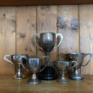 5 vintage trophies (189) silver plate trophies, small trophy, trophies, sporting items, sports, cups, medals, trophy cups