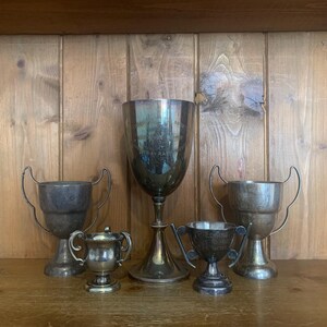 5 vintage trophies (29), silver plate trophies, trophy, trophies, sporting items, sports, cups, medals, trophy cups