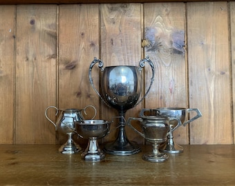 5 Vintage Trophäen (162) Silberblech Trophäen, kleine Trophäe, Trophäen, Sportartikel, Sport, Pokale, Medaillen, Trophäenbecher