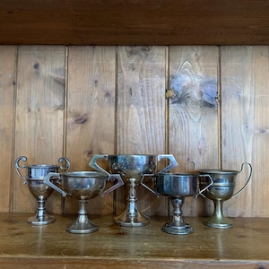 5 vintage trophies (81) silver plate trophies, trophy, trophies, sporting items, sports, cups, medals, trophy cups
