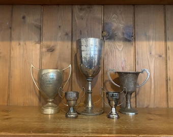 5 Vintage Trophäen (177) Silberblech Trophäen, kleine Trophäe, Trophäen, Sportartikel, Sport, Pokale, Medaillen, Trophäenbecher