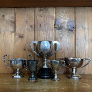 5 vintage trophies (191) silver plate trophies, small trophy, trophies, sporting items, sports, cups, medals, trophy cups