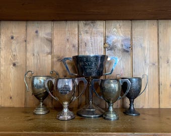 5 Vintage Trophäen (33) , Silberblech Trophäen, Trophäe, Trophäen, Sportartikel, Sport, Pokale, Medaillen, Trophäenbecher