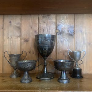 5 vintage trophies (30), silver plate trophies, trophy, trophies, sporting items, sports, cups, medals, trophy cups