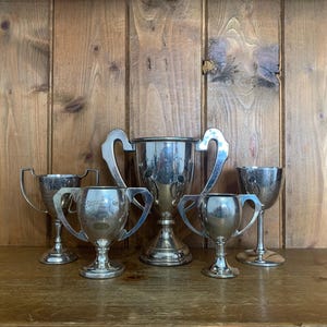 5 vintage trophies (68) silver plate trophies, trophy, trophies, sporting items, sports, cups, medals, trophy cups