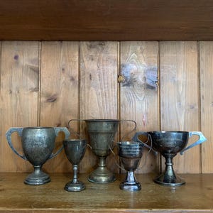 5 vintage trophies (67) silver plate trophies, trophy, trophies, sporting items, sports, cups, medals, trophy cups
