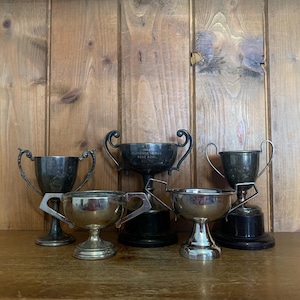 5 vintage trophies (3), silver plate trophies, trophy, trophies, sporting items, sports, cups, medals