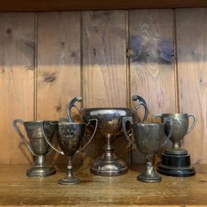5 vintage trophies (149) silver plate trophies, small trophy, trophies, sporting items, sports, cups, medals, trophy cups