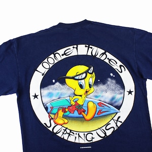 Camiseta Elmi 1998 Looney Tunes Surfing USA Camiseta Piolín Camiseta M Warner Bros Punto único Bugs Bunny Pato Lucas Taz Merrie Melodies Dibujos animados