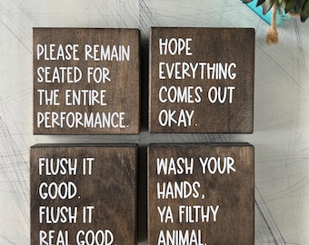 Funny Bathroom Sign Decor - Set of 4 Wood Signs
