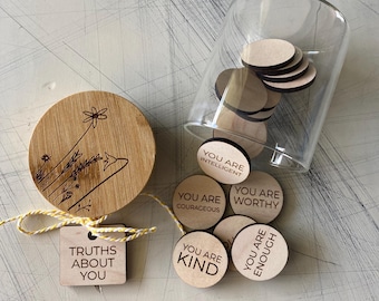 Truths about you - positive affirmation token jar gift in your choice of color