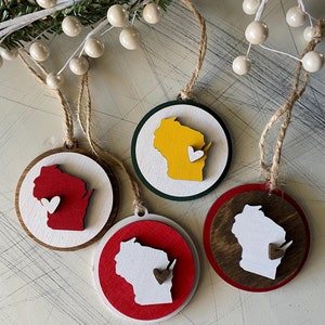 Handmade Wisconsin small round ornament with heart - choose your colors and personalize the heart location!