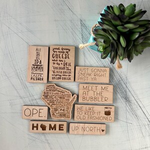Wisconsin themed maple wood refrigerator magnet set of 9