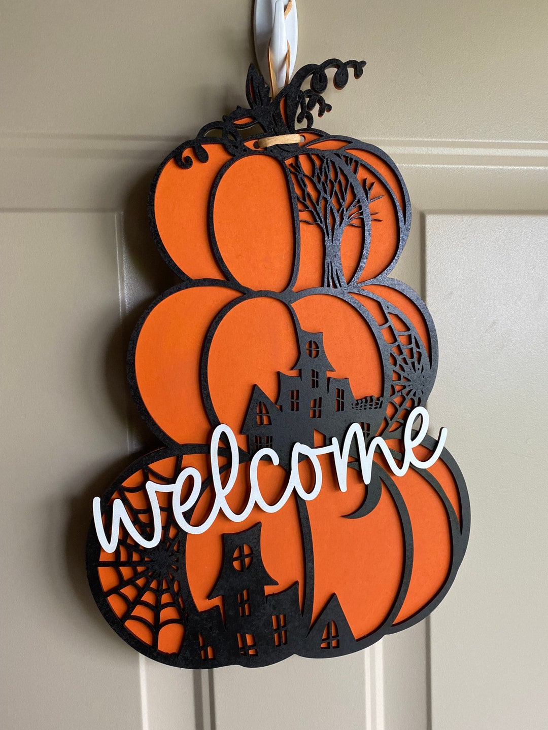 Spooky Stacked Pumpkins Welcome Sign - Orange or Purple Door Hanger - Etsy
