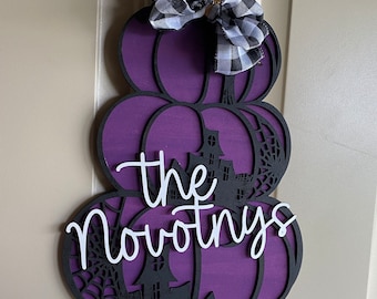 Personalized spooky stacked pumpkins welcome sign - orange or purple door hanger