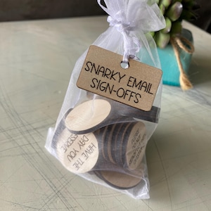 Puede incluir: Una bolsa de organza blanca llena de pequeños círculos de madera, cada uno con una despedida de correo electrónico sarcástica diferente escrita en ellos. La bolsa tiene una etiqueta marrón que dice "SNARKY EMAIL SIGN-OFFS".