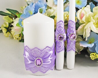 Candle wedding purple Unity candle lilac Custom unity candle Lace unity candle Unity ceremony set Candle for wedding Ceremony candles lilac