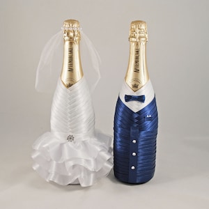 Bride groom bottle set white navy  blue, Wedding bottle decoration, Champagne bottle decor koozies, Сlothes  bottle cover, Bottle cover Gift