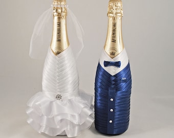 Bride groom bottle set white navy  blue, Wedding bottle decoration, Champagne bottle decor koozies, Сlothes  bottle cover, Bottle cover Gift