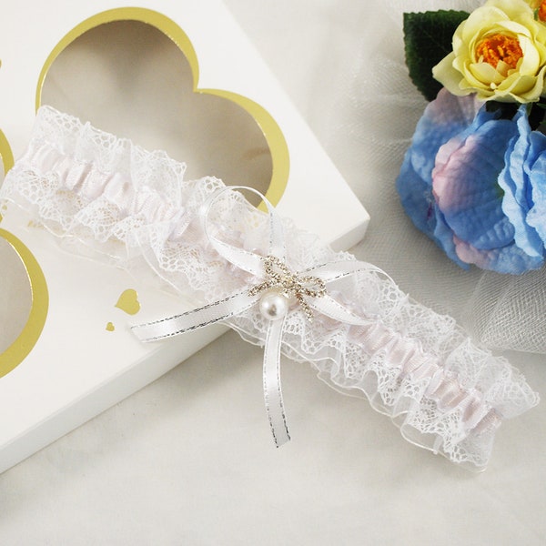 Weißes Spitzen Strumpfband für die Braut, Andenken elegantes Strumpfband, Perlen Braut Bein Strumpfband, Accessoires Dessous