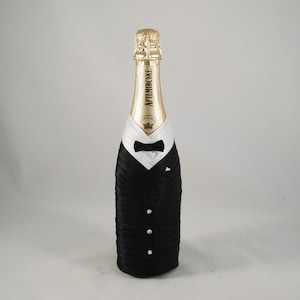 Bride groom bottle set white black, Wedding bottle decoration, Champagne bottle decor koozies, Сlothes bottle, Gift for wedding image 4