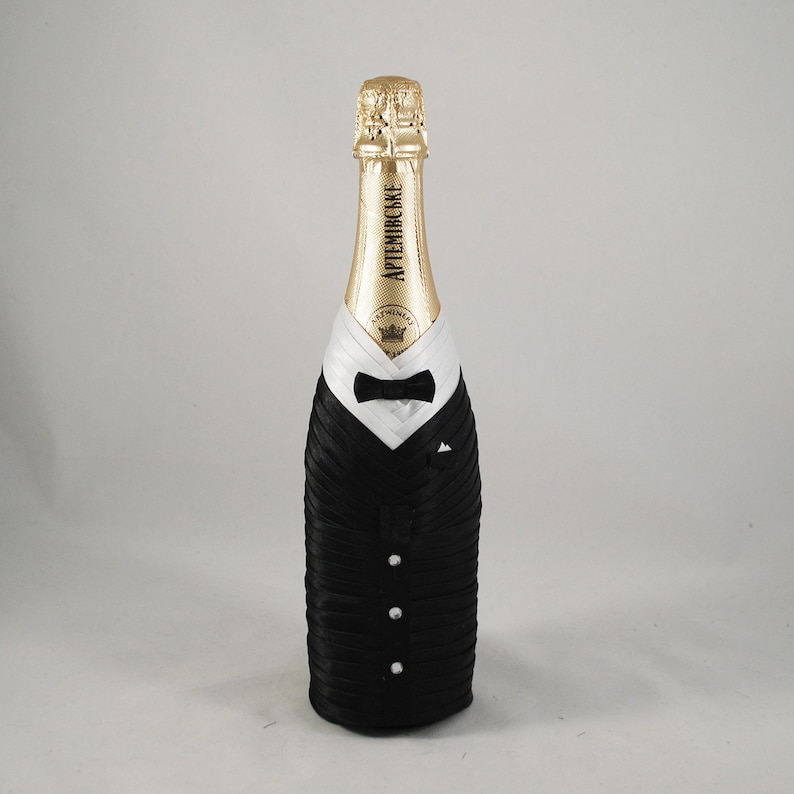Bride groom bottle set white black, Wedding bottle decoration, Champagne bottle decor koozies, Сlothes bottle, Gift for wedding image 4