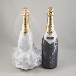 Bride groom bottle set white gray, Wedding bottle decoration, Champagne bottle decor koozies, Сlothes  bottle cover, Gift for wedding,