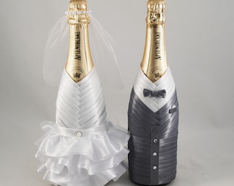 Bride groom bottle set white gray, Wedding bottle decoration, Champagne bottle decor koozies, Сlothes  bottle cover, Gift for wedding,