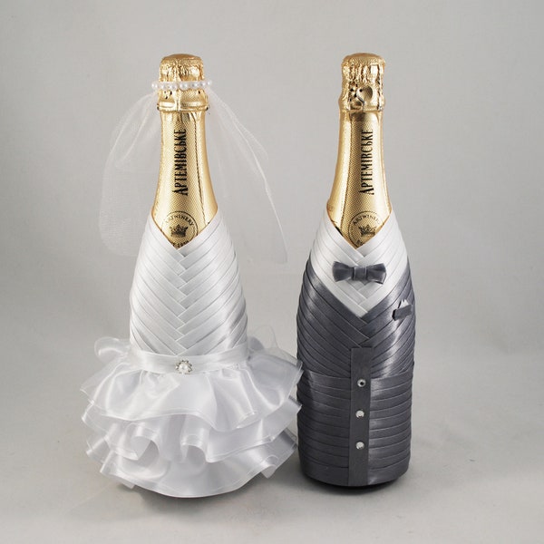 Bride groom bottle set white gray, Wedding bottle decoration, Champagne bottle decor koozies, Сlothes  bottle cover